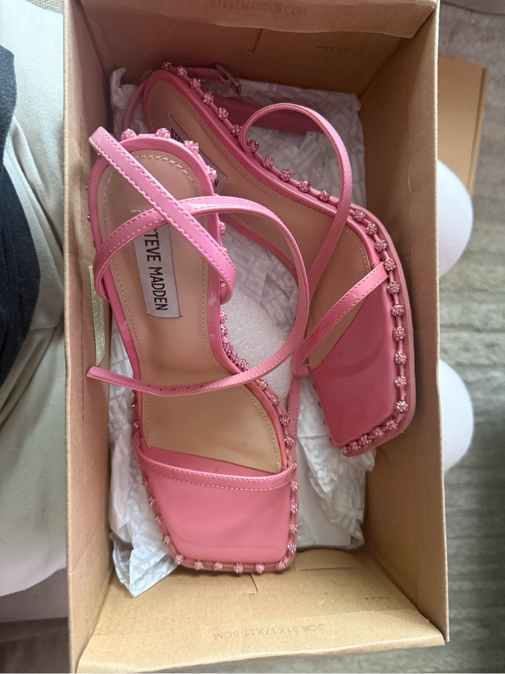 Steve Madden Pink Beaded Strappy Square-Toe Heels